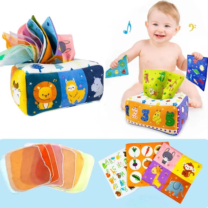 Baby Montessori Boxes Baby Toys Infant Pull along Magic Tissue Box Montessori Toy 6-12 Months Development Sensory Toys Baby Game